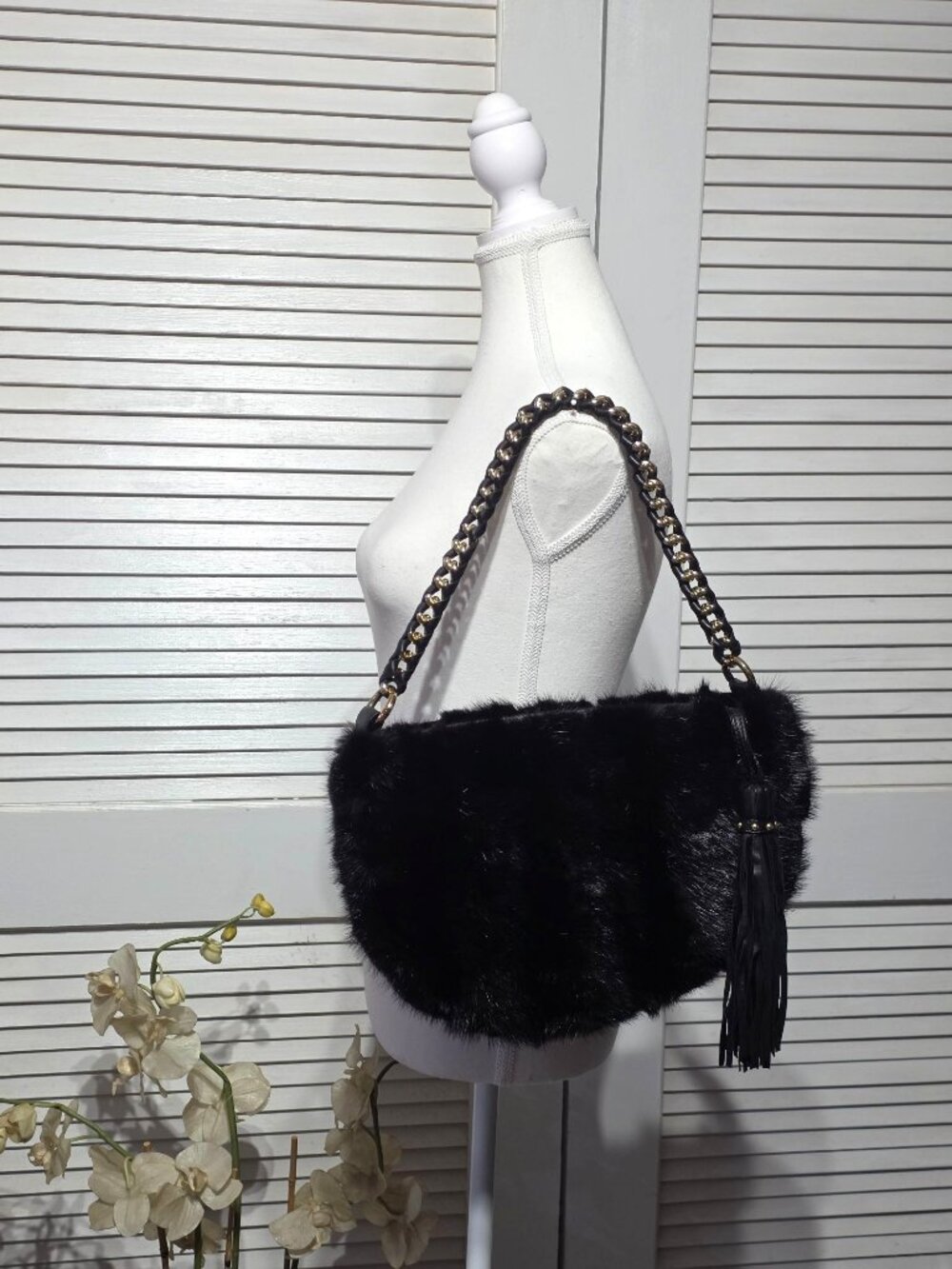Paolo Masi Women's Black Mink Leather Tassel Gold Chain Strap Shoulder Bag 3933